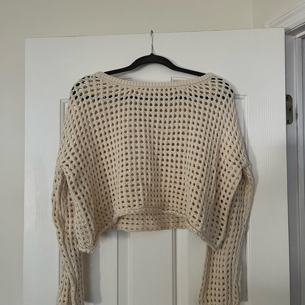 Garage Cream Crochet Open-Weave Cropped Sweater